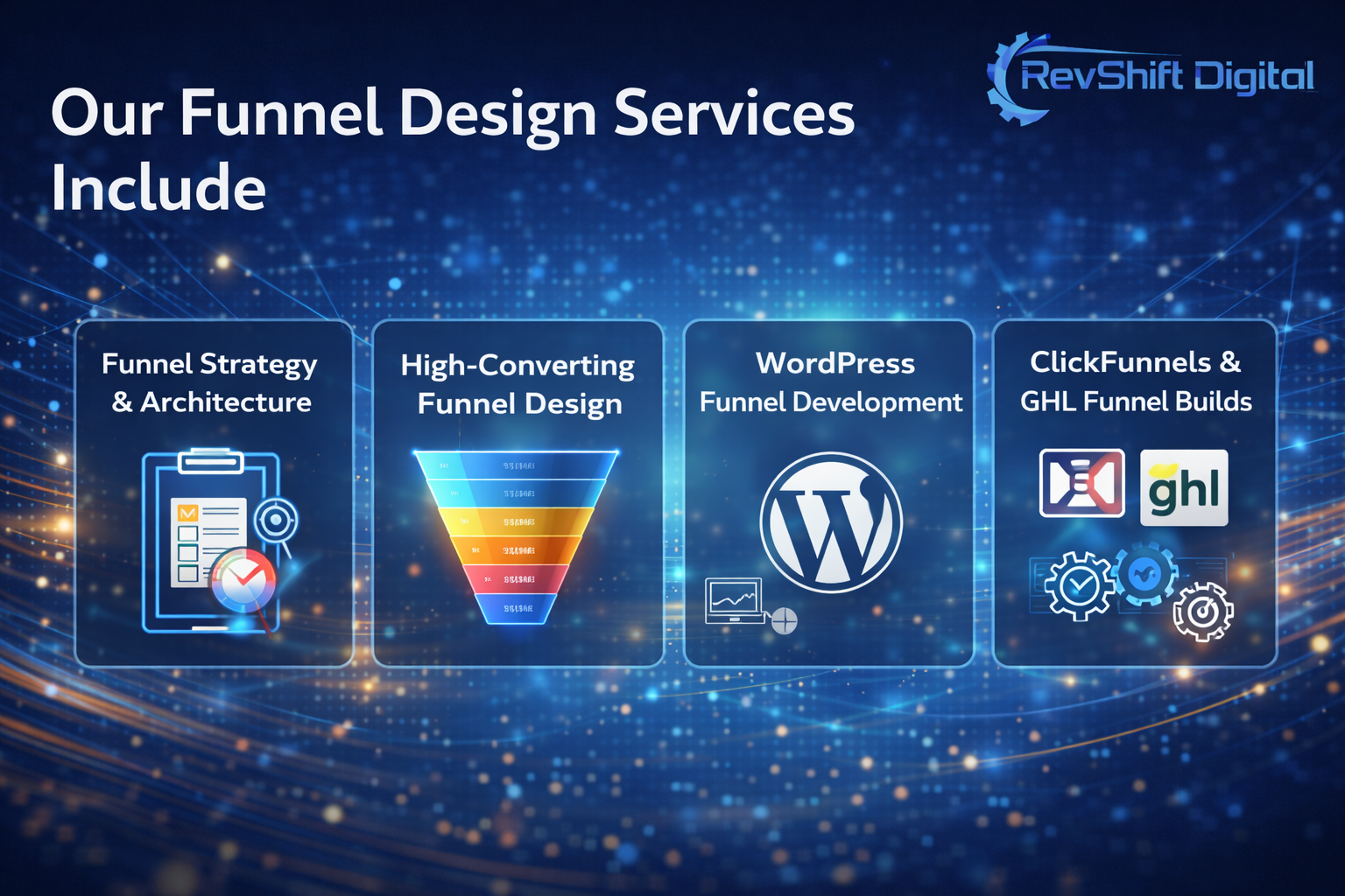 RevShift Digital funnel design services in Las Vegas including funnel strategy, high-converting design, WordPress development, ClickFunnels, and GHL builds.