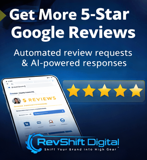 Graphic promoting RevShift Digital review management services showing smartphone with 5-star Google reviews and automated review request system.