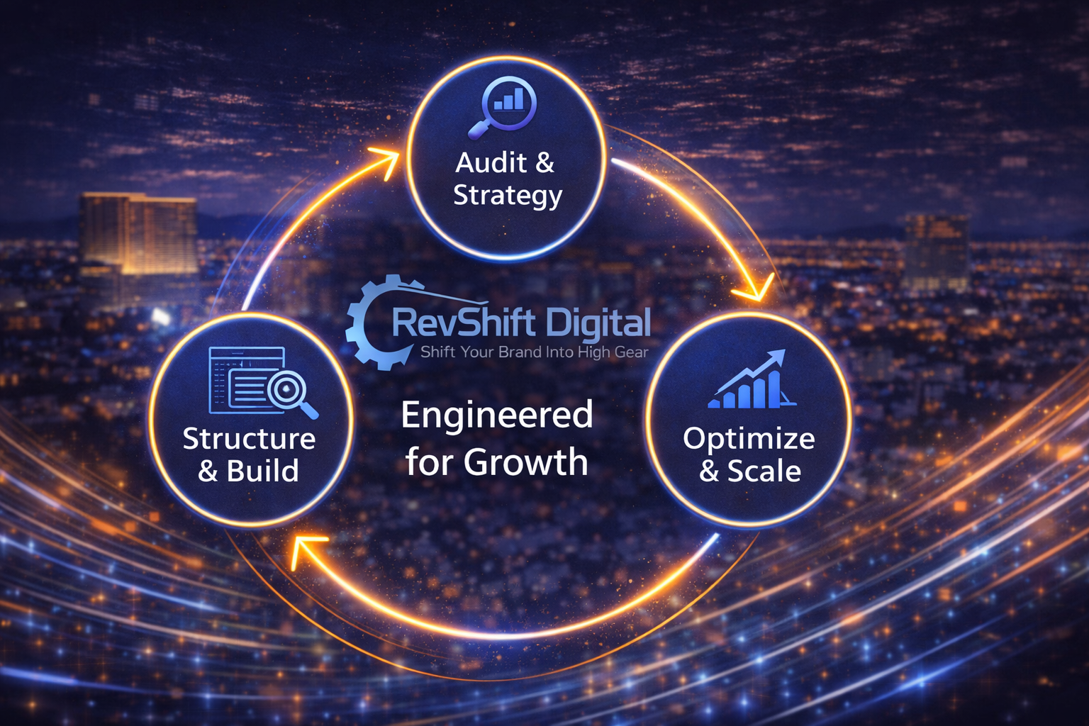 revshift-growth-process RevShift Digital digital marketing process in Las Vegas showing audit and strategy, structure and build, and optimize and scale growth system.